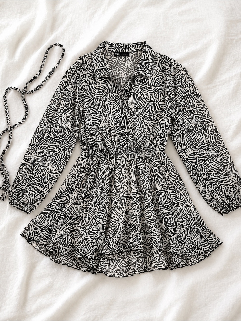 ZARA Black & White Printed Long-Sleeve Shirt Dress
